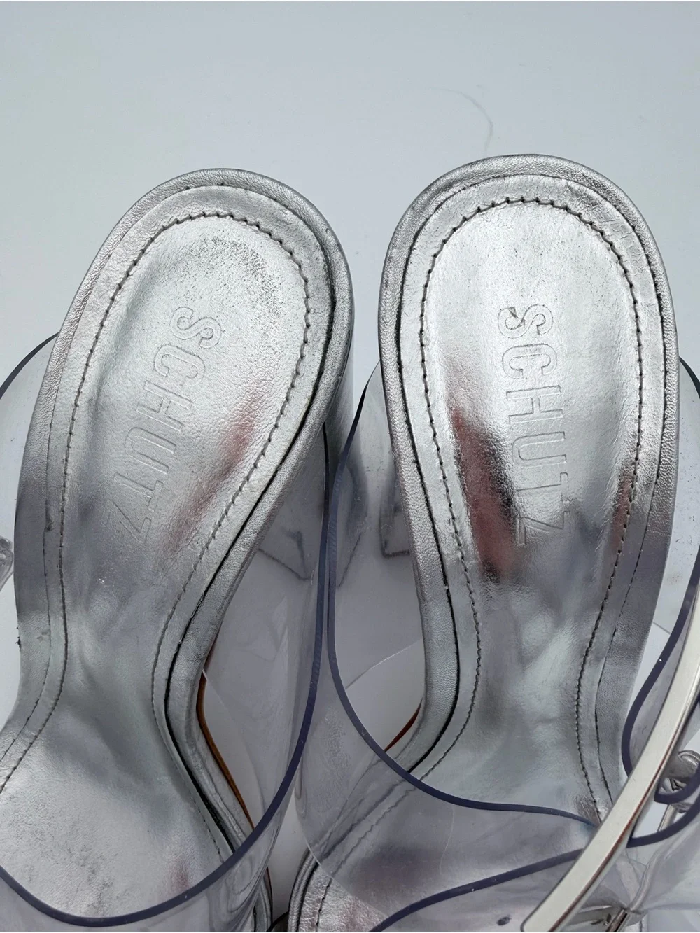 SCHUTZ Clear Vinyl Silver Block Heel Sandals 8B Square Toe Oversized Buckle